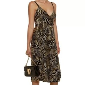 Milly Gold Metallic Silk Blend Spaghetti Strap Wrap Dress